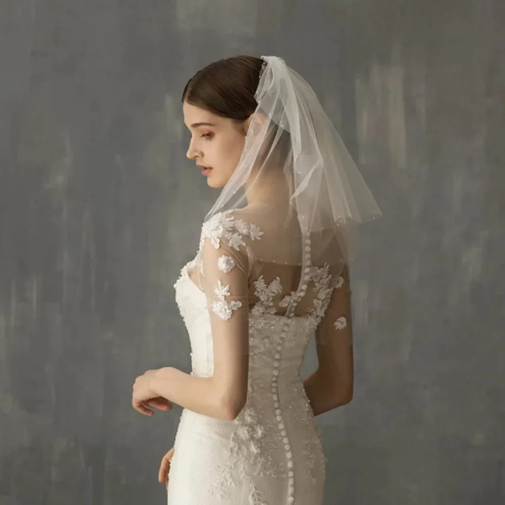 Wedding veil white bridal white pearls short shoulder elegant beautiful unique